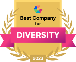 Gold badge with Comparably logo, "Best Company for Diversity 2023"