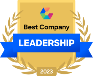 Gold badge with Comparably logo, "Best Company for Leadership 2023"
